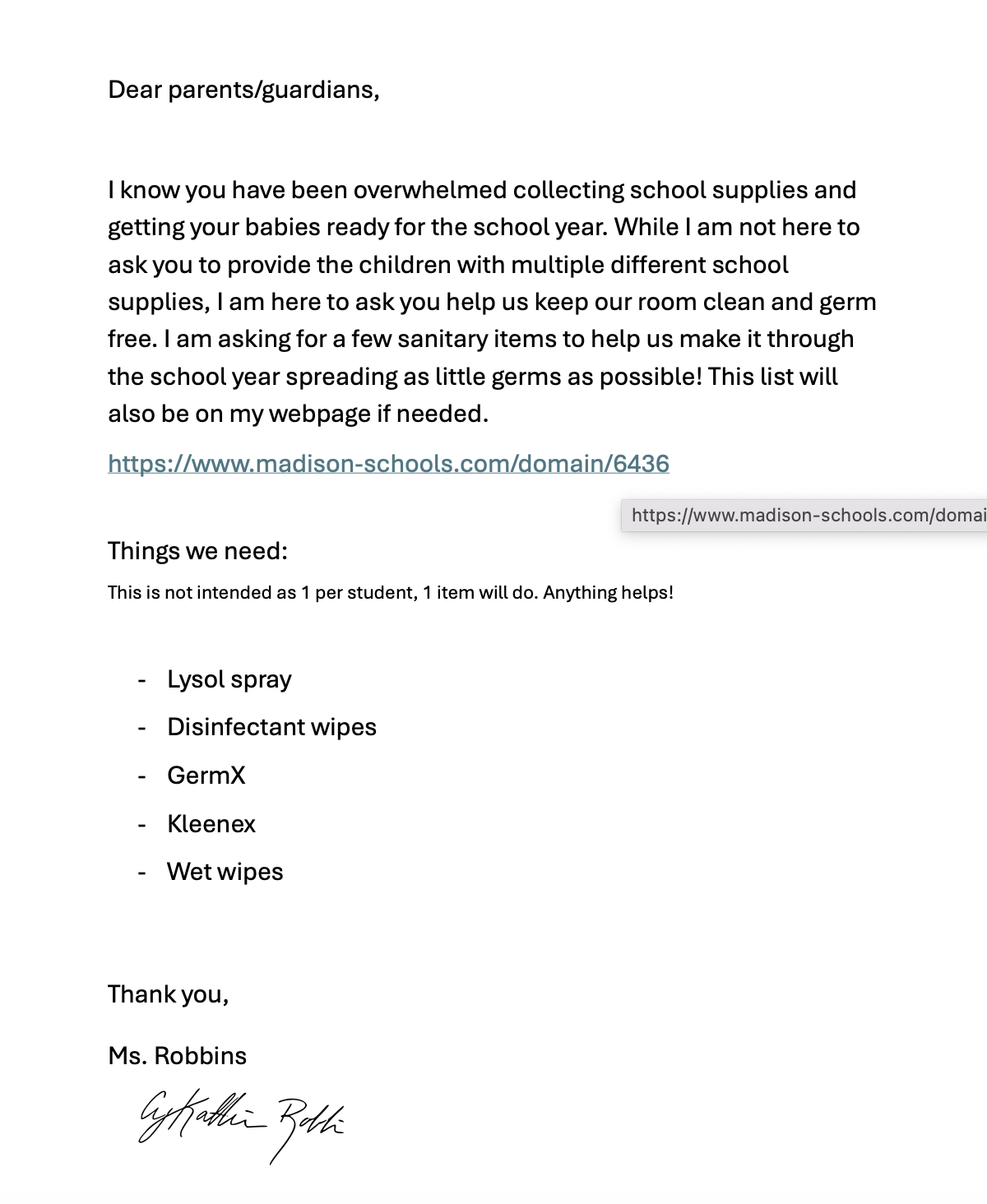 Letter to Parents